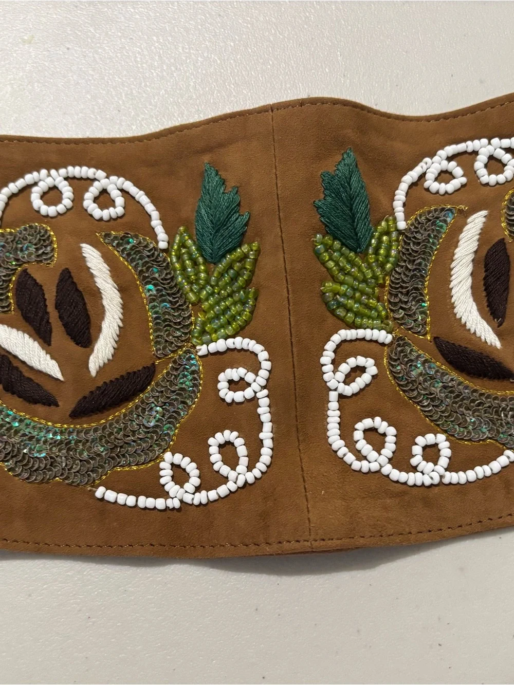 Vintage Boho Ibisco Embroidered and Beaded Brown Suede Tie Belt. - Picture 2 of 3
